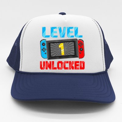 Funny Level 1 Unlocked Gamer 1st Birthday Gift Video Game Trucker Hat