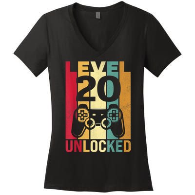 Funny Level 20 Unlocked Him m.e.n BDay Turning 20th Birthday Women's V-Neck T-Shirt