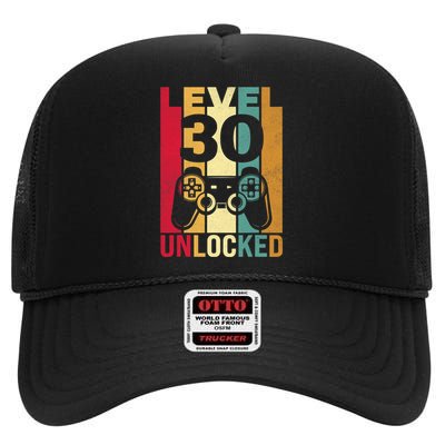 Funny Level 30 Unlocked Him Men BDay Turning 30th Birthday High Crown Mesh Back Trucker Hat