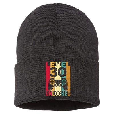 Funny Level 30 Unlocked Him Men BDay Turning 30th Birthday Sustainable Knit Beanie