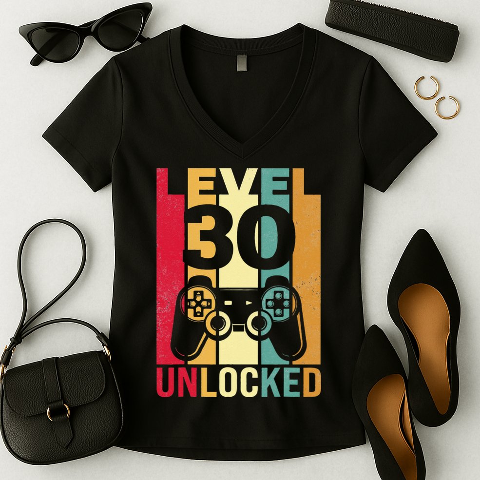 Funny Level 30 Unlocked Him BDay Turning 30th Birthday Women's V-Neck T-Shirt