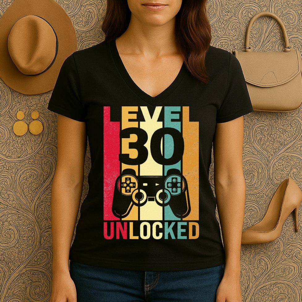 Funny Level 30 Unlocked Him BDay Turning 30th Birthday Women's V-Neck T-Shirt