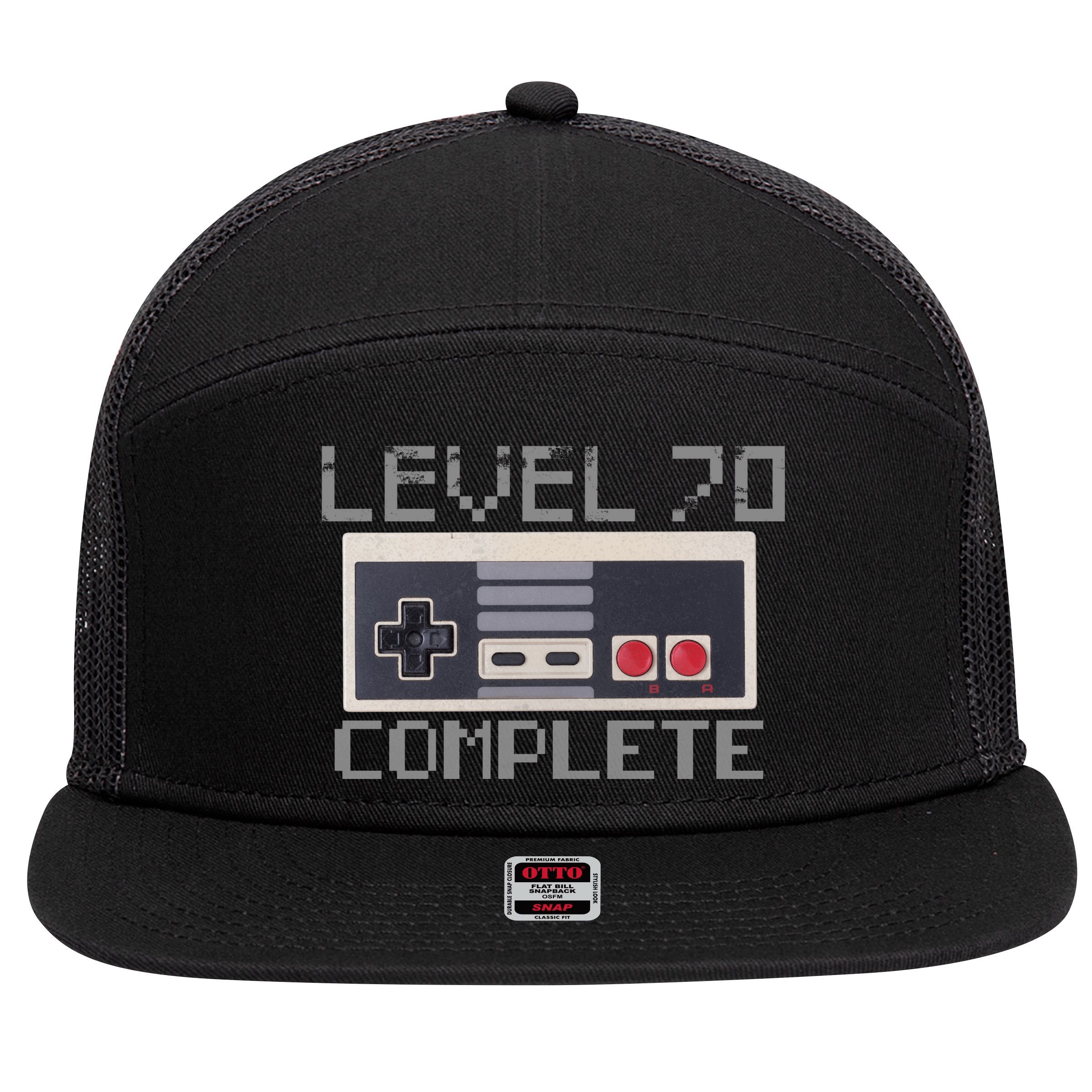 Funny Level 70 Complete Retro Gamer 70th Birthday 1 7 Panel Mesh Trucker Snapback Hat