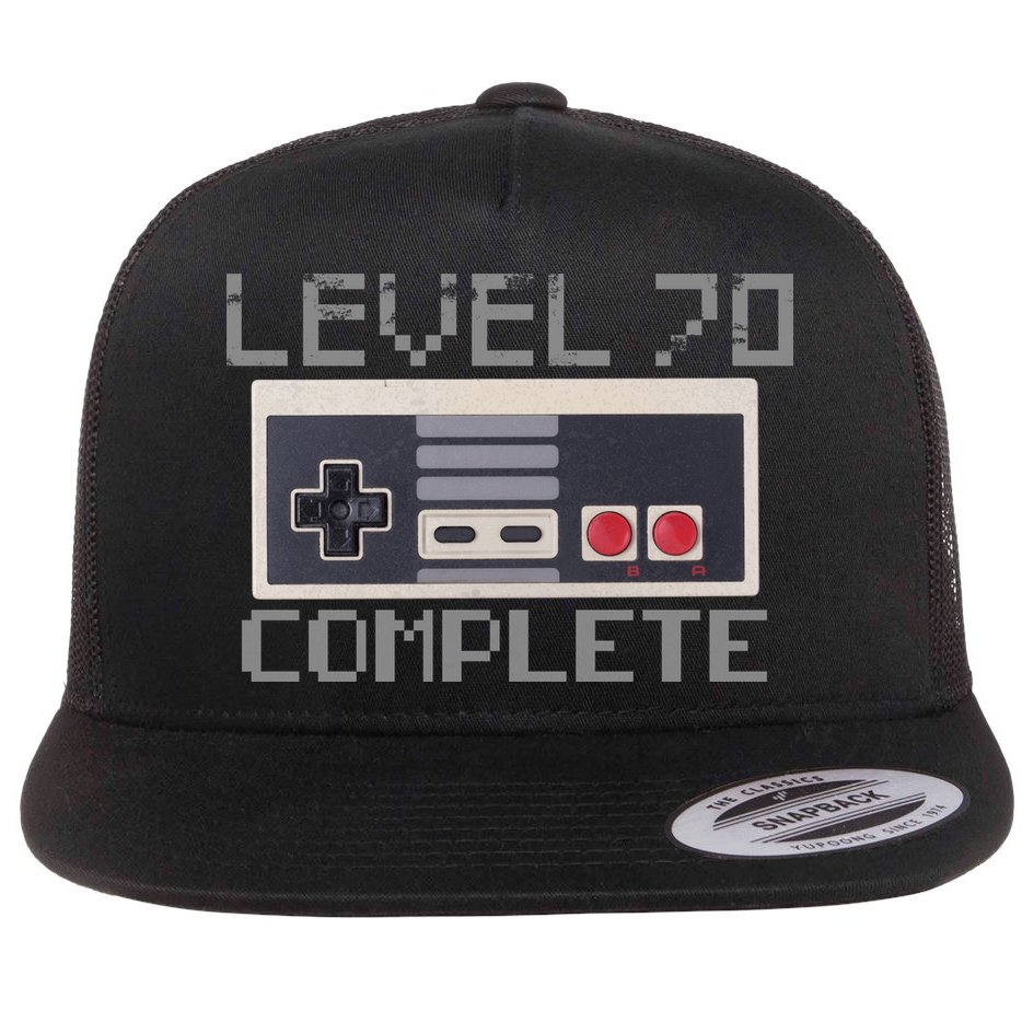 Funny Level 70 Complete Retro Gamer 70th Birthday 1 Flat Bill Trucker Hat