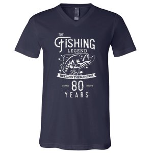 Fishing Legend 80 Years Old Birthday Gift For Fisherman V-Neck T-Shirt