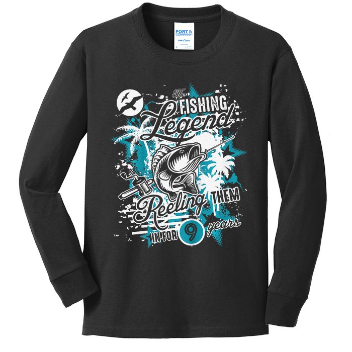 Fishing Legend 9th Birthday Fishing Kids Long Sleeve Shirt