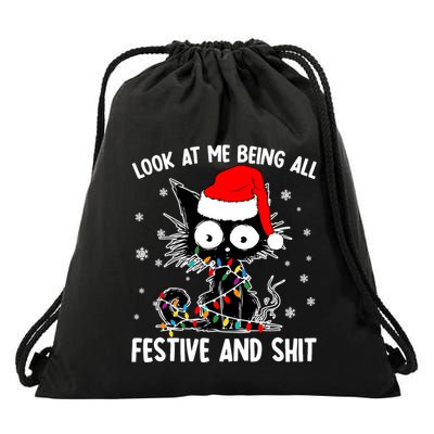 Funny Look At Me Being All Festive And Shits Cat Christmas Drawstring Bag