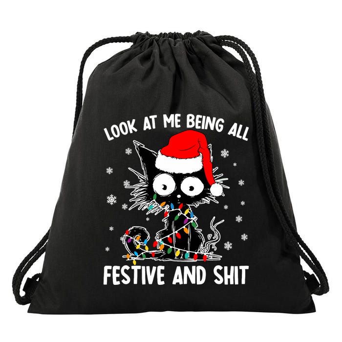 Funny Look At Me Being All Festive And Shits Cat Christmas Drawstring Bag