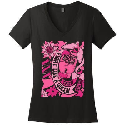 Fight Like A Queen Brave And Strong Breast Cancer Women's V-Neck T-Shirt