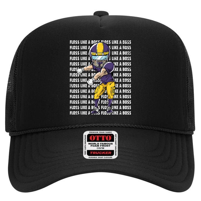 Floss Like A Boss Gold Purple Football High Crown Mesh Back Trucker Hat