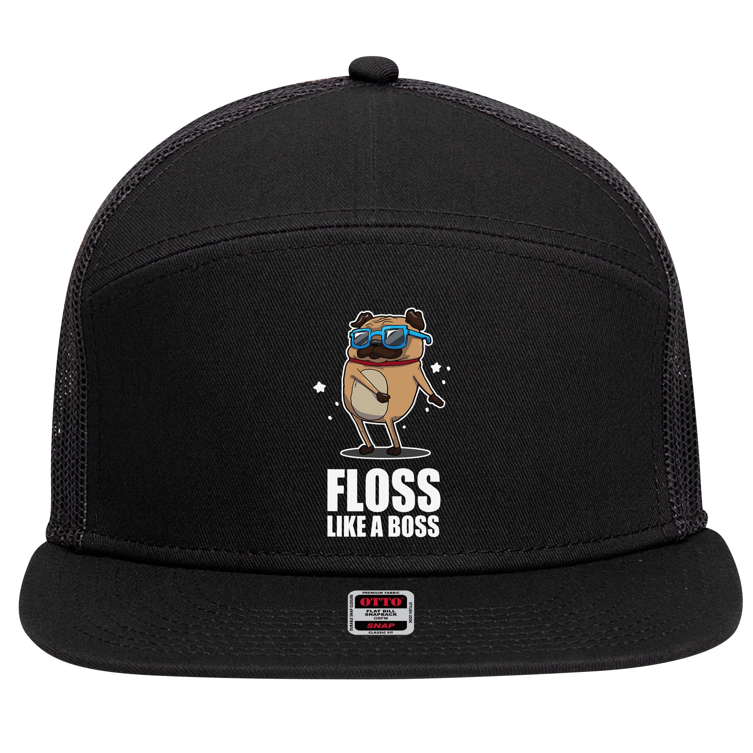 Floss Like A Boss Pug Floss Dance Dog 7 Panel Mesh Trucker Snapback Hat