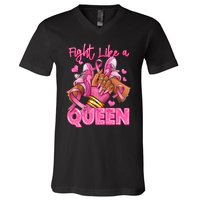 Fight Like A Queen Breast Cancer Support Awareness V-Neck T-Shirt