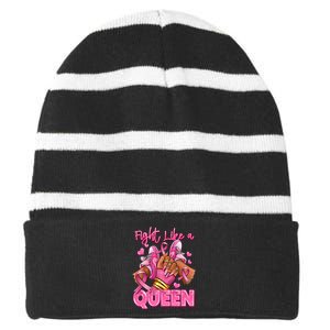 Fight Like A Queen Breast Cancer Support Awareness Striped Beanie with Solid Band