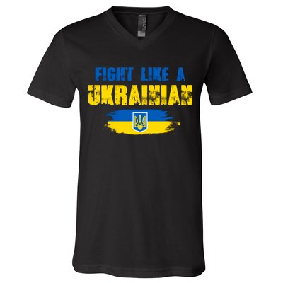 Fight Like A Ukrainian I Stand With Ukraine Support Trident Flag V-Neck T-Shirt