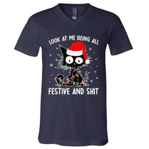 Funny Look At Me Being All Festive And Shits Cat Christmas V-Neck T-Shirt