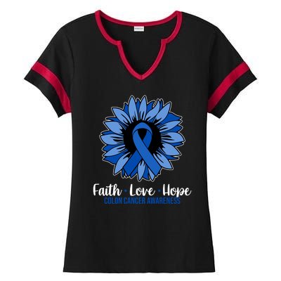 Faith Love And Hope Colon Cancer Awareness Sunflower Ladies Halftime Notch Neck Tee