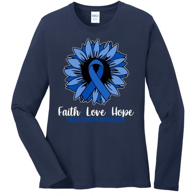 Faith Love And Hope Colon Cancer Awareness Sunflower Ladies Long Sleeve Shirt