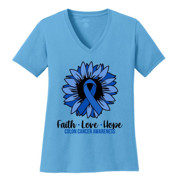 Faith Love And Hope Colon Cancer Awareness Sunflower Women's V-Neck T-Shirt