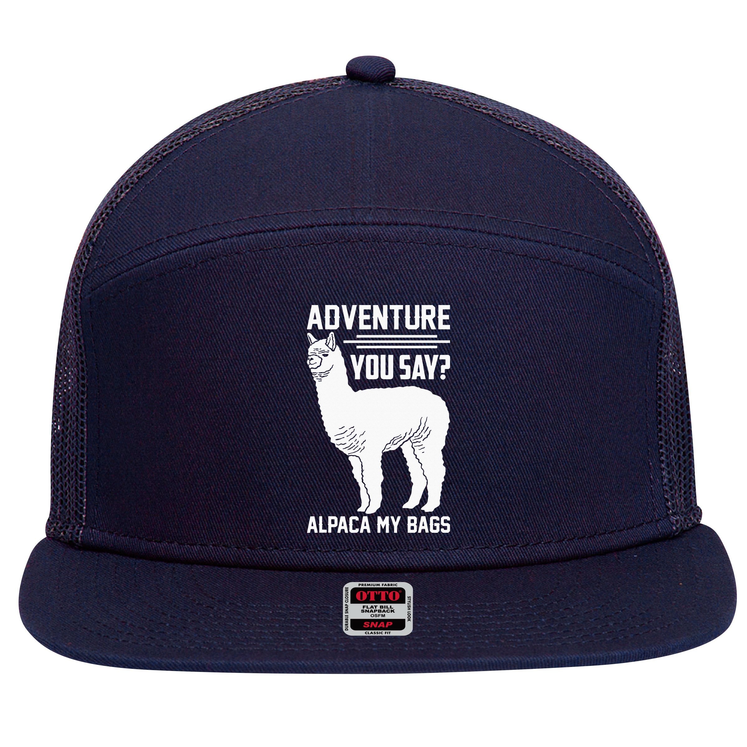 Funny Llama Adventure Alpaca My Bags Travel 7 Panel Mesh Trucker Snapback Hat