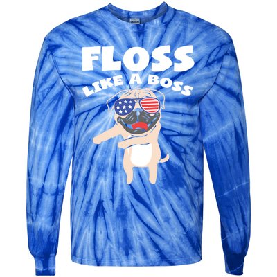 Floss Like A Boss Pug Dog Usa Dance 4th Of July Party Gift Tie-Dye Long Sleeve Shirt