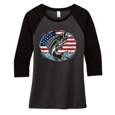 Fishing Lovers + American Flag Women's Tri-Blend 3/4-Sleeve Raglan Shirt