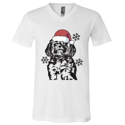 Funny Lhasa Apso Christmas Santa Hat Xmas Mom Dad Cool Gift V-Neck T-Shirt