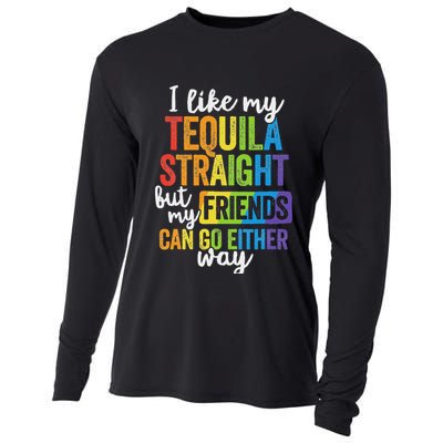 Funny Lgbt Ally Gift Tequila Straight Friends Go Either Way Cooling Performance Long Sleeve Crew