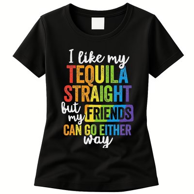 Funny Lgbt Ally Gift Tequila Straight Friends Go Either Way Womens T-Shirt