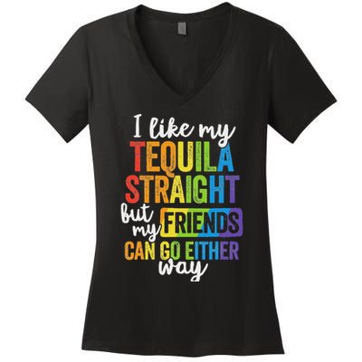 Funny Lgbt Ally Gift Tequila Straight Friends Go Either Way Women's V-Neck T-Shirt