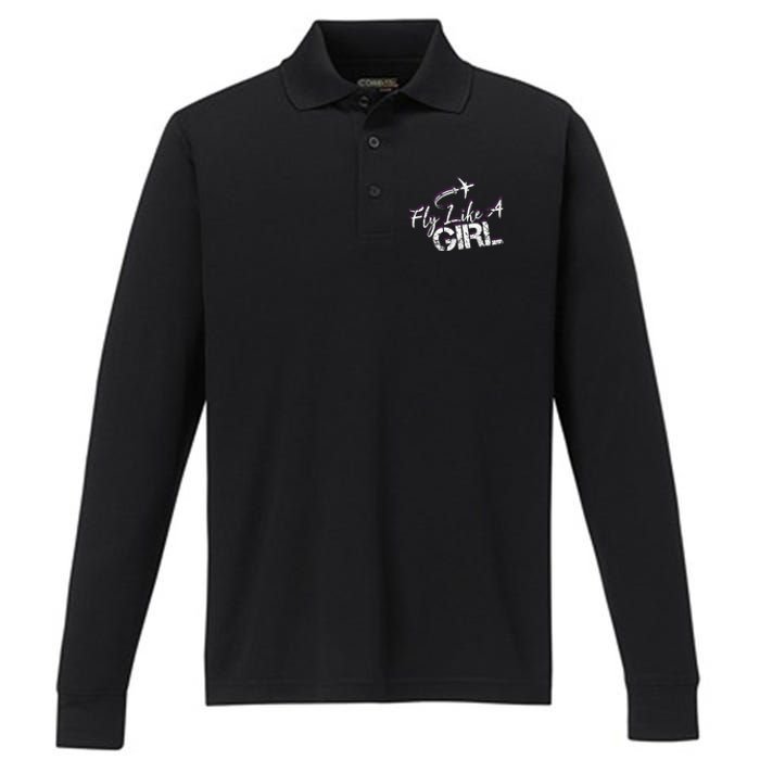 Fly Like A Girl Female Pilot Women Flying Girl Performance Long Sleeve Polo