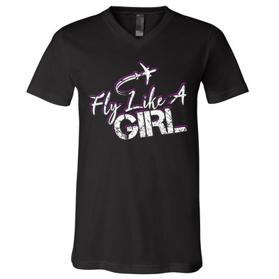 Fly Like A Girl Female Pilot Women Flying Girl V-Neck T-Shirt