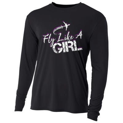 Fly Like A Girl Female Pilot Women Flying Girl Cooling Performance Long Sleeve Crew