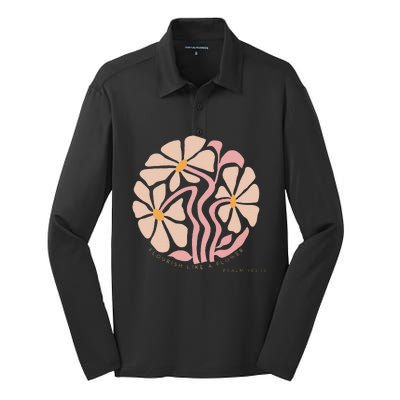 Flourish Like A Flower Retro Boho Christian Floral Silk Touch Performance Long Sleeve Polo