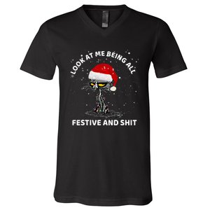 Funny Look At Me Being All Festive And S Cat Christmas V-Neck T-Shirt