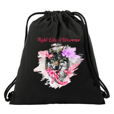 Fight Like A Warrior Wolf Pink Ribbon Breast Cancer Drawstring Bag