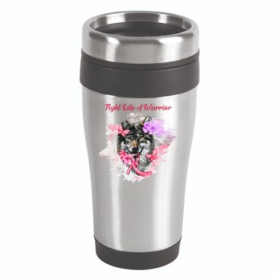 Fight Like A Warrior Wolf Pink Ribbon Breast Cancer 16oz Travel Tumbler