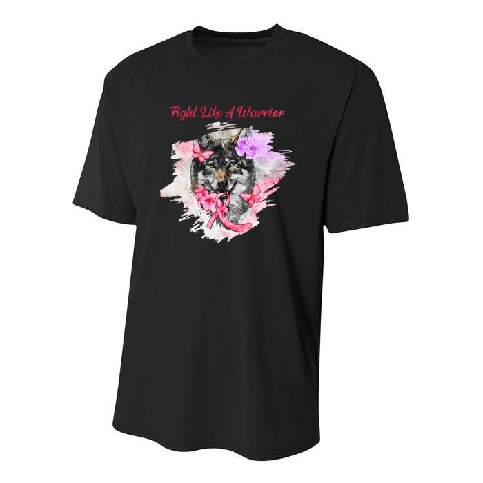 Fight Like A Warrior Wolf Pink Ribbon Breast Cancer Youth Performance Sprint T-Shirt