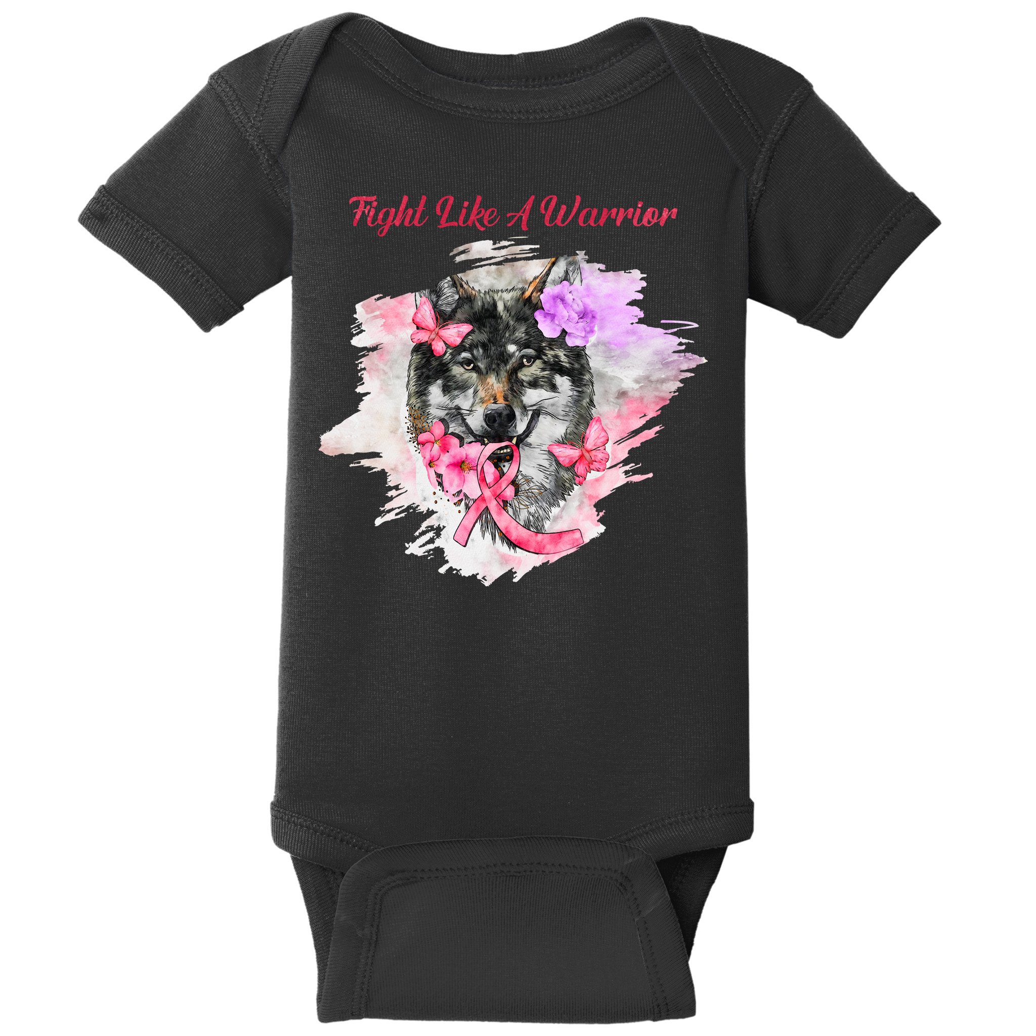 Fight Like A Warrior Wolf Pink Ribbon Breast Cancer Baby Bodysuit