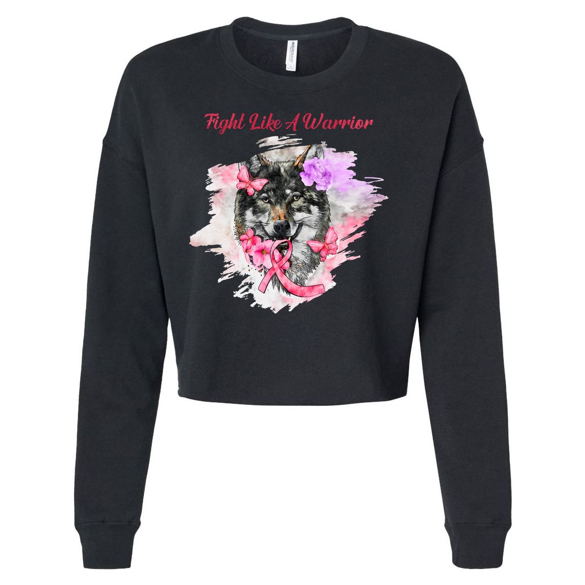 Fight Like A Warrior Wolf Pink Ribbon Breast Cancer Cropped Pullover Crew