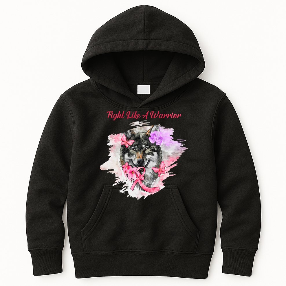 Fight Like A Warrior Wolf Pink Ribbon Breast Cancer Kids Hoodie