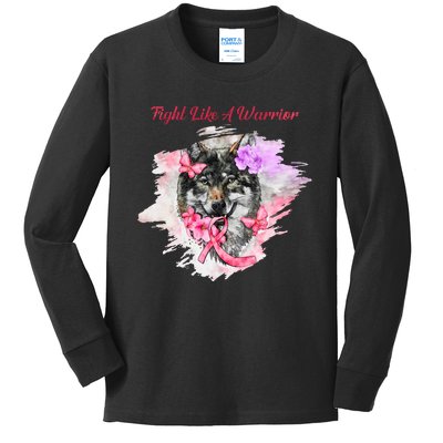 Fight Like A Warrior Wolf Pink Ribbon Breast Cancer Kids Long Sleeve Shirt