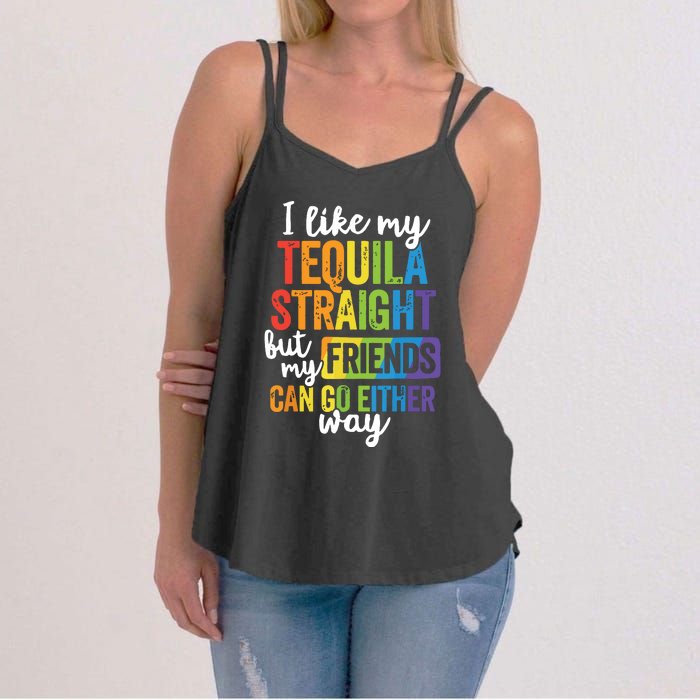 Funny Lgbt Ally Gift Tequila Straight Friends Go Either Way Women's Strappy Tank