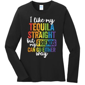 Funny Lgbt Ally Gift Tequila Straight Friends Go Either Way Ladies Long Sleeve Shirt