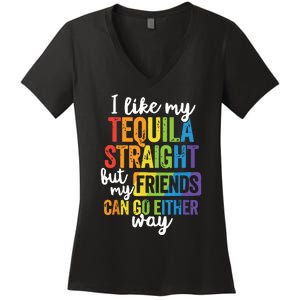 Funny Lgbt Ally Gift Tequila Straight Friends Go Either Way Women's V-Neck T-Shirt