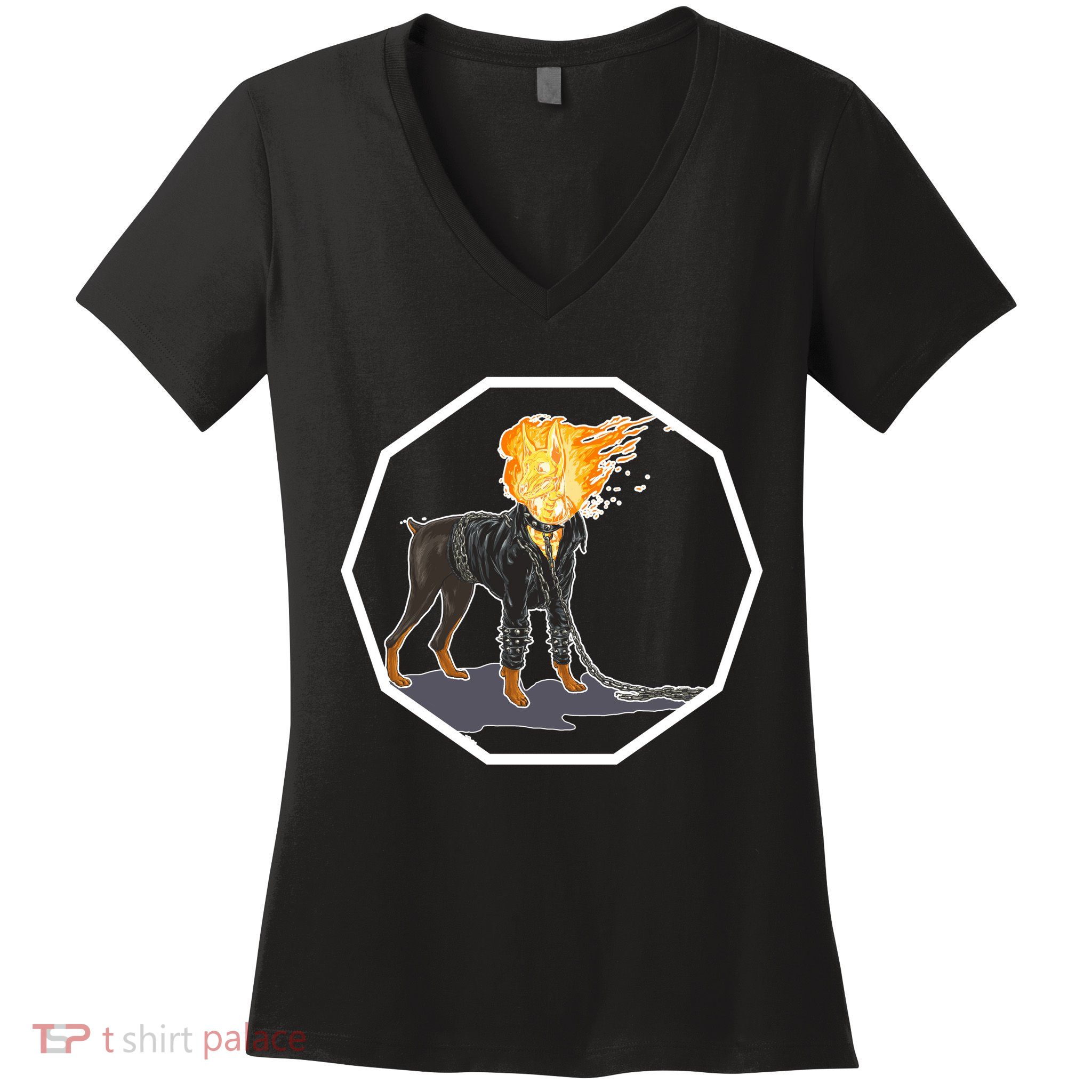 Flaming Ghost Dog On Fire Rider Doggo Women's V-Neck T-Shirt
