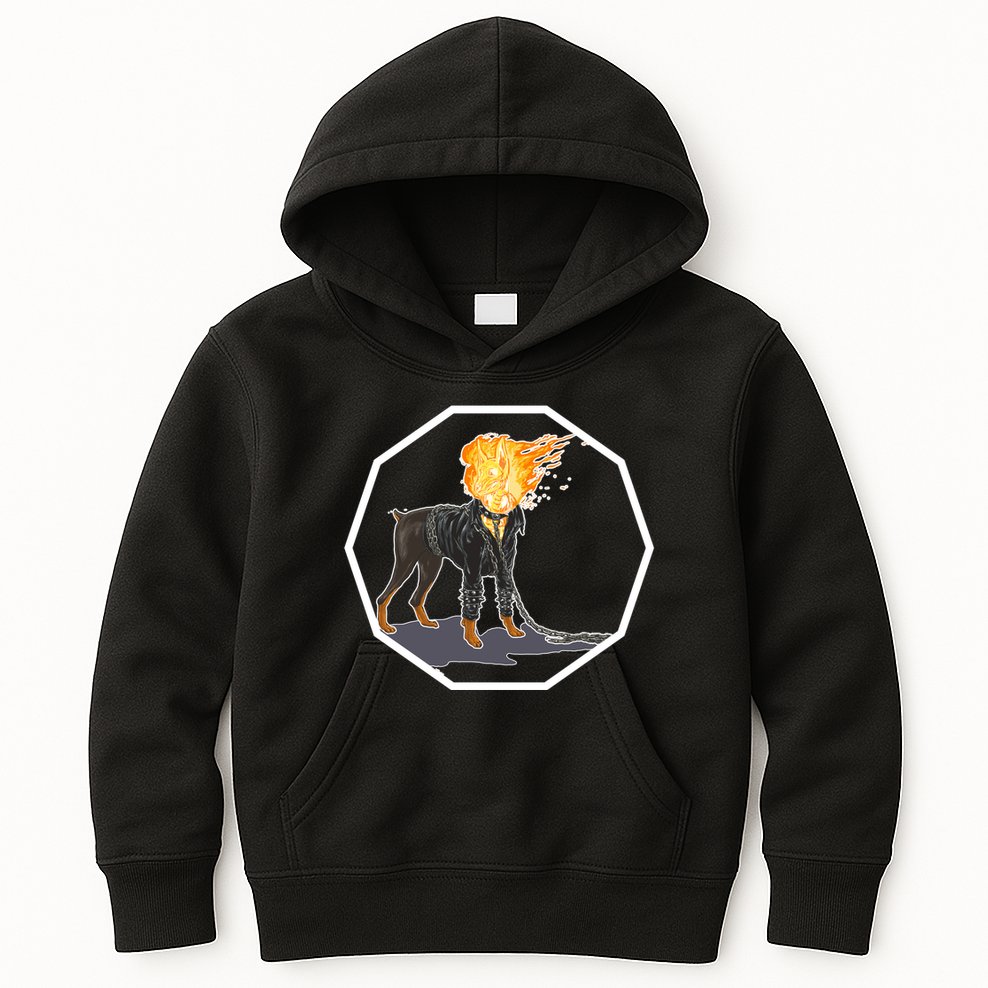 Flaming Ghost Dog On Fire Rider Doggo Kids Hoodie