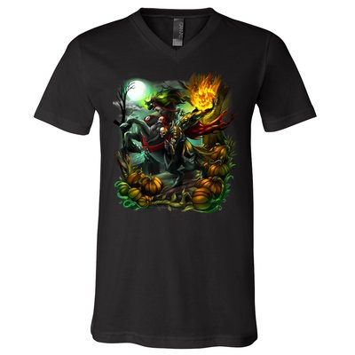 Flaming Headless Horseman V-Neck T-Shirt