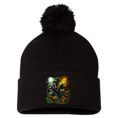 Flaming Headless Horseman Pom Pom 12in Knit Beanie