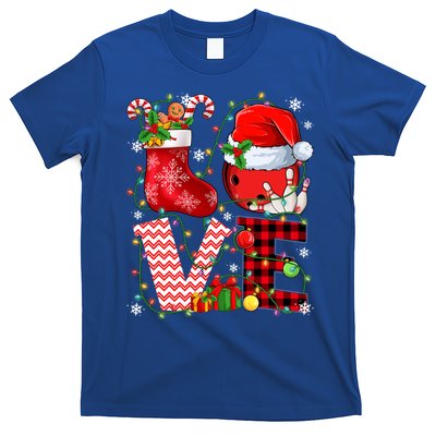 Funny Love Bowling Ball Santa Hat Christmas Lights Xmas Pjs Cool Gift T-Shirt