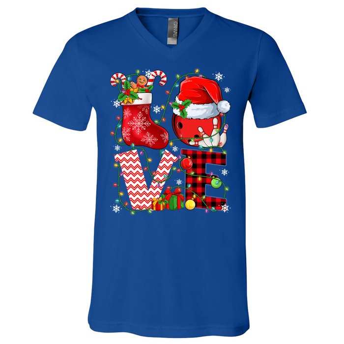 Funny Love Bowling Ball Santa Hat Christmas Lights Xmas Pjs Cool Gift V-Neck T-Shirt